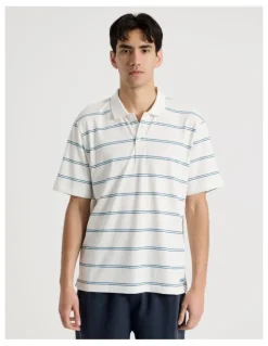 There After Logo Short Sleeve Polo in White Stripe