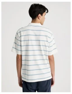 There After Logo Short Sleeve Polo in White Stripe