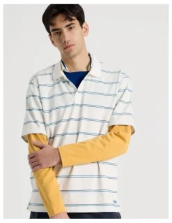 There After Logo Short Sleeve Polo in White Stripe