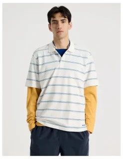 There After Logo Short Sleeve Polo in White Stripe