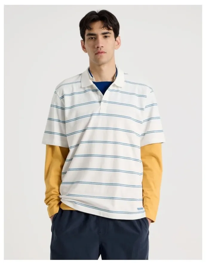 There After Logo Short Sleeve Polo in White Stripe