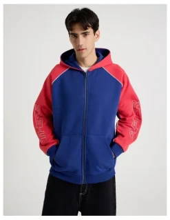 There After Oversized Sports Panel Hooded Sweat in Blue and Red