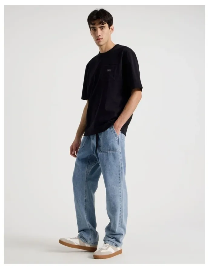 There After Straight Leg Denim Jeans with Built-In Belt in Light Blue