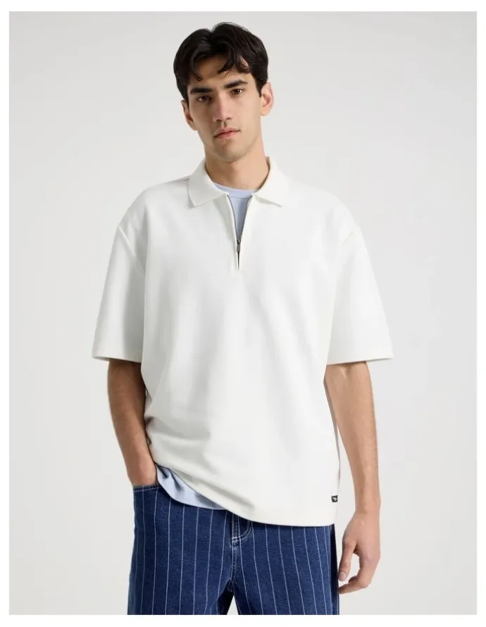 There After Zip Front Short Sleeve Polo in White