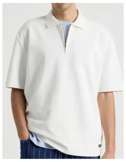 There After Zip Front Short Sleeve Polo in White
