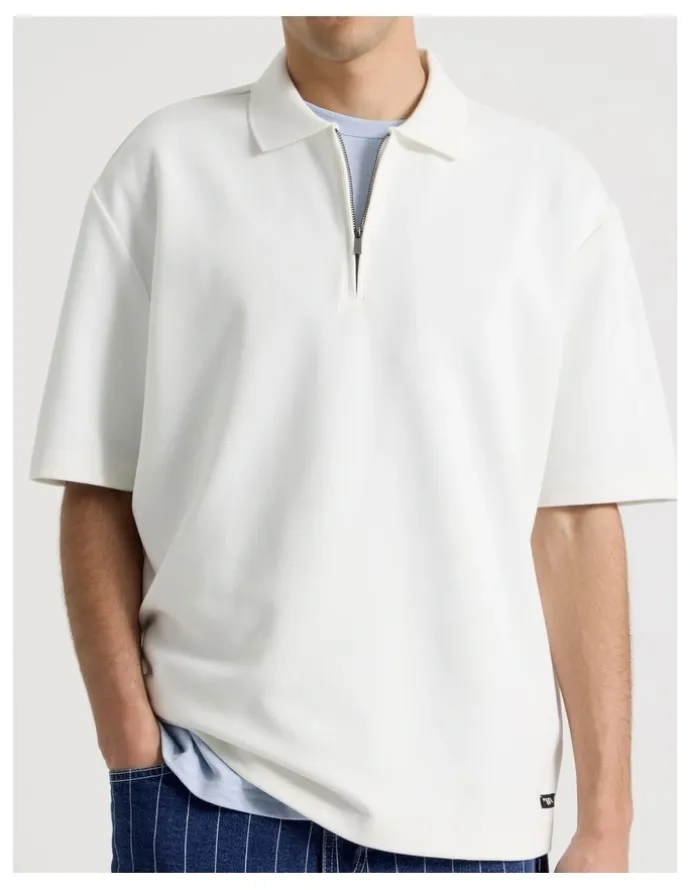 There After Zip Front Short Sleeve Polo in White