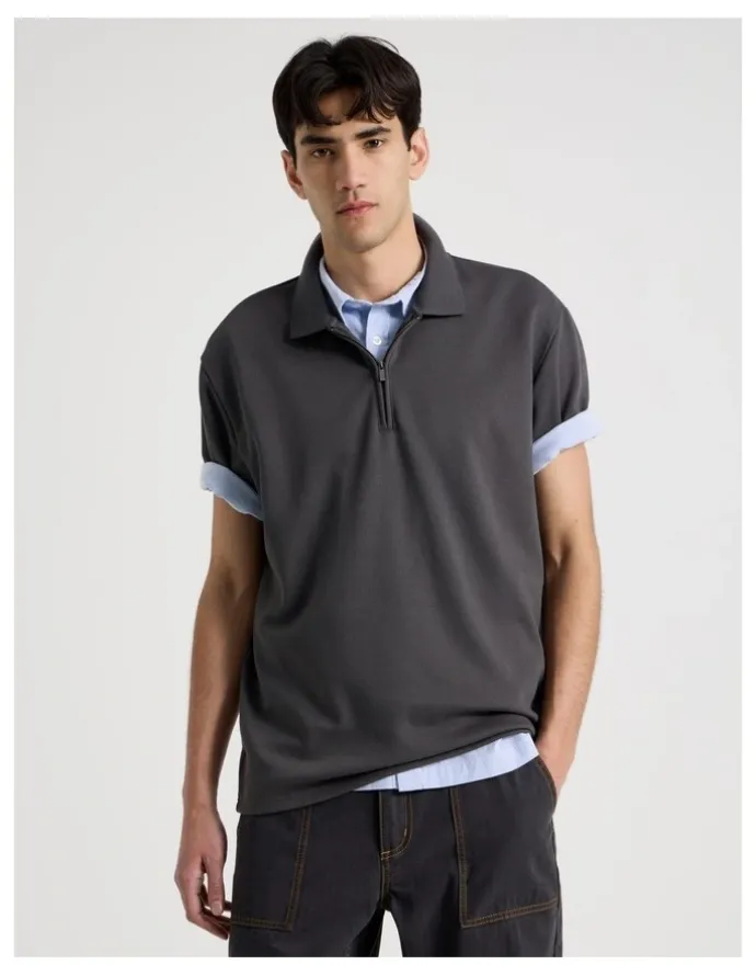 There After Zip Front Short Sleeve Polo in Grey