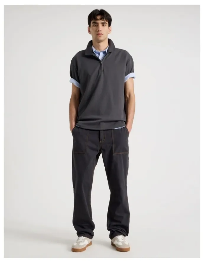 There After Zip Front Short Sleeve Polo in Grey
