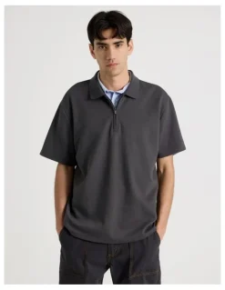 There After Zip Front Short Sleeve Polo in Grey