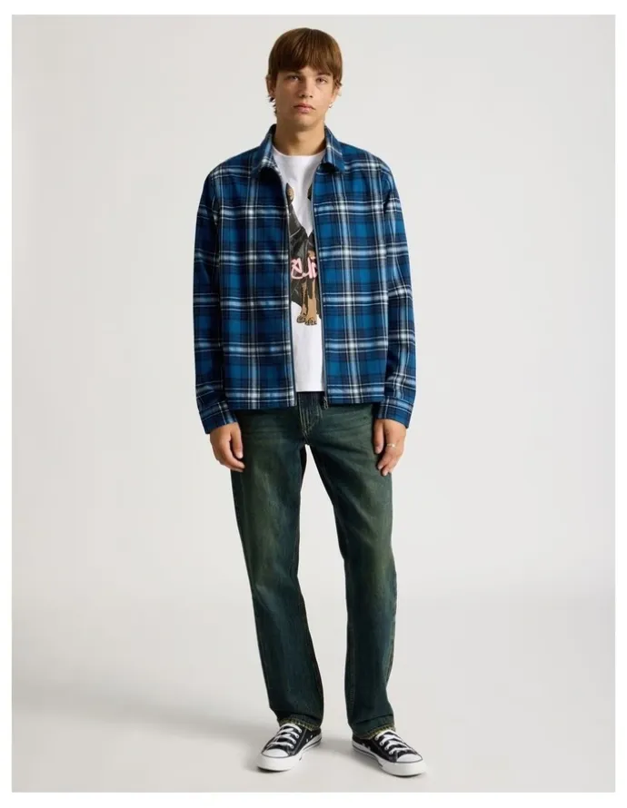 There After Zip Through Long Sleeve Check Shirt in Cobalt