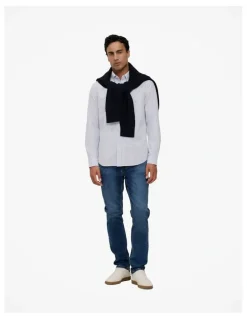 Trenery Regular Fit Wide Stripe Oxford Shirt in Blue Marble