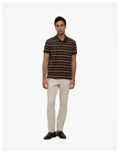 Trenery Australian Cotton Pique Stripe Polo in Coffee
