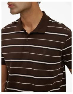 Trenery Australian Cotton Pique Stripe Polo in Coffee