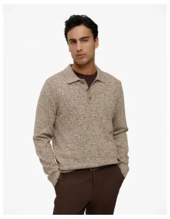 Trenery Cotton Speckle Knit Polo in Stone