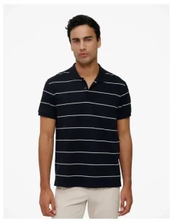 Trenery Pique Stripe Monogram Polo in Navy