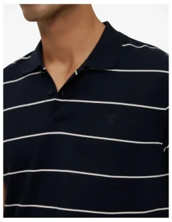 Trenery Pique Stripe Monogram Polo in Navy