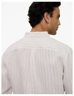 Trenery Regular Fit Delave Linen Fine Stripe Shirt in White