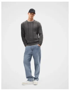 Unison Cable Crew Knit T-shirt in Grey