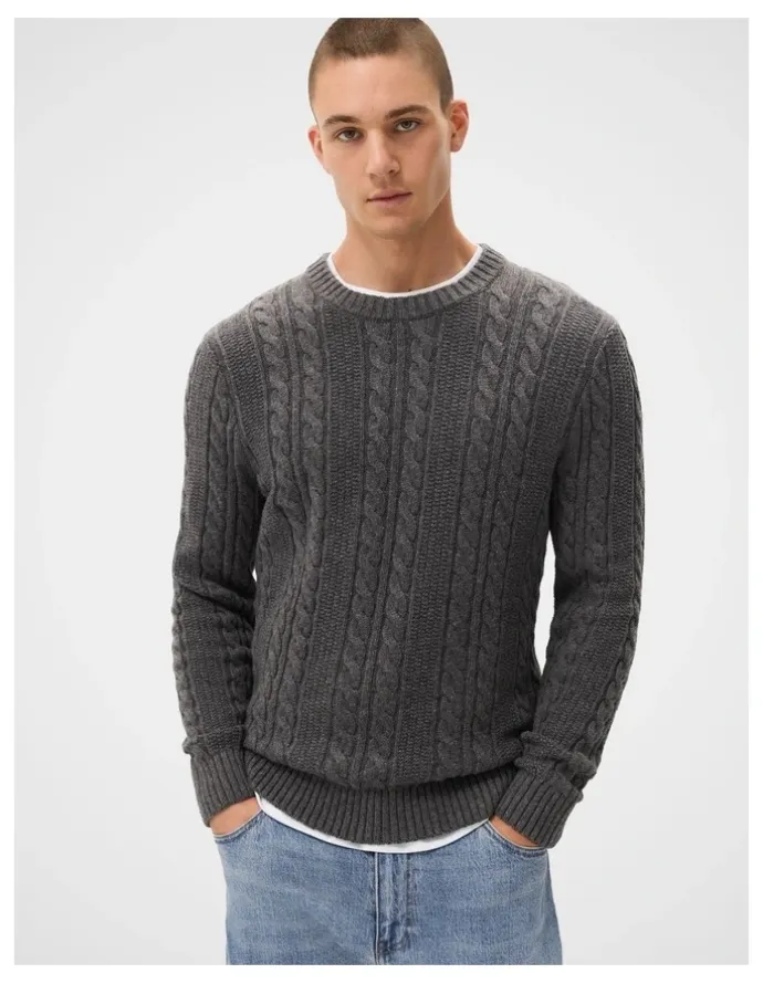 Unison Cable Crew Knit T-shirt in Grey