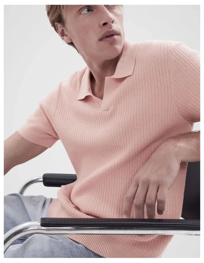 Unison Wavy Stitch Knit Polo in Pink