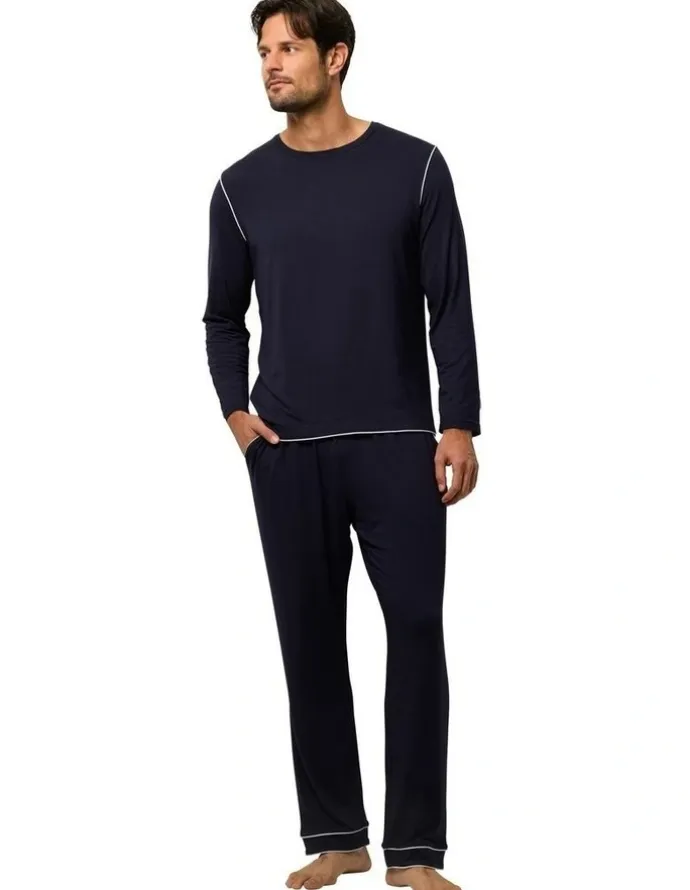 Wanderluxe Sleepwear Nox Tencel Modal Long Top And Long Pants in Navy