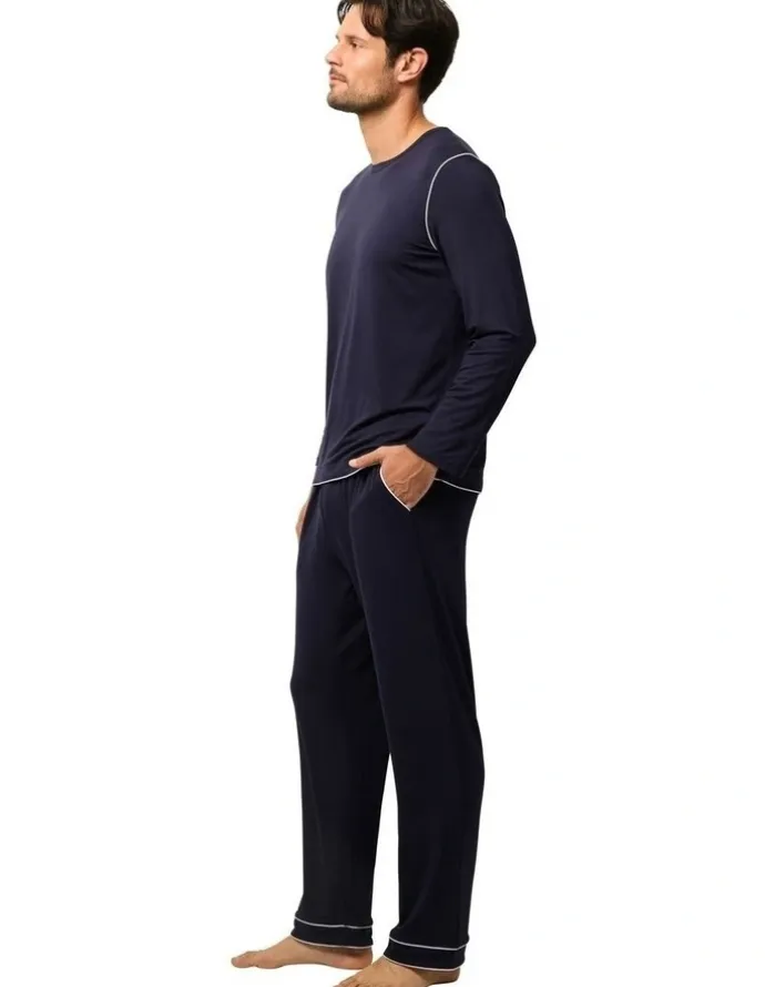 Wanderluxe Sleepwear Nox Tencel Modal Long Top And Long Pants in Navy