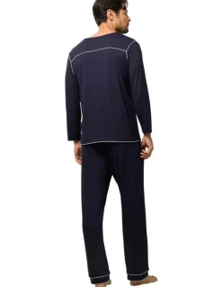 Wanderluxe Sleepwear Nox Tencel Modal Long Top And Long Pants in Navy