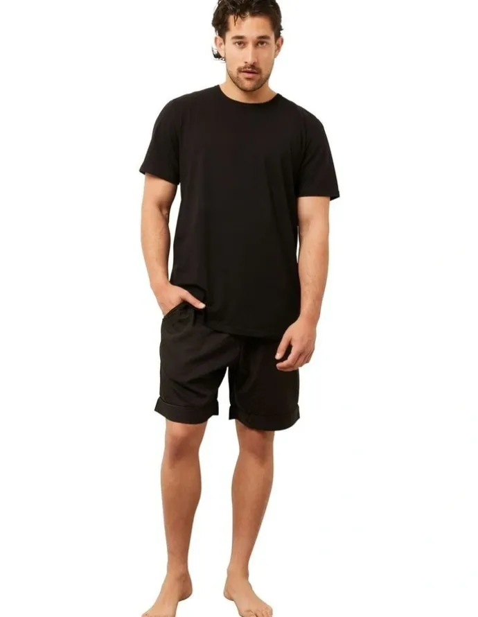 Wanderluxe Sleepwear Sable Boxer Shorts + T-shirt in Black
