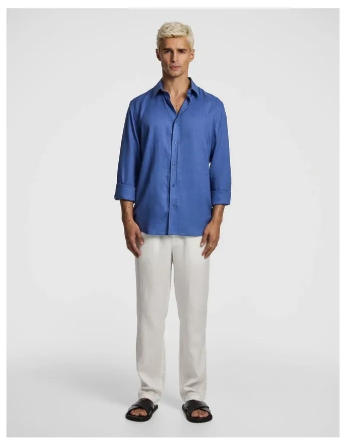 yd. West Hampton Pure Linen Shirt in Vintage Blue