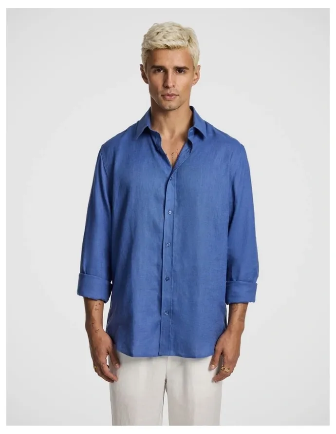 yd. West Hampton Pure Linen Shirt in Vintage Blue
